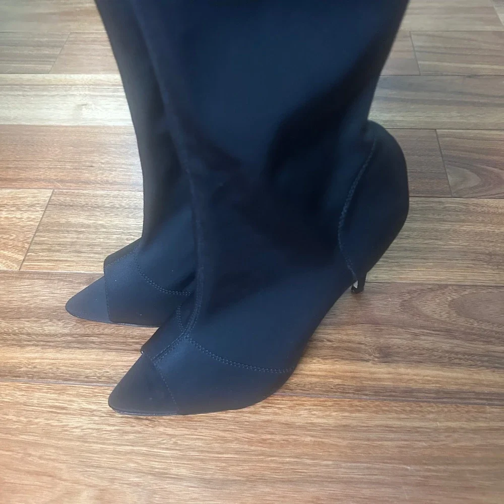Truffle Collection Thigh High Boots Peep Toe Stiletto Heel Black‎ Size 8.5